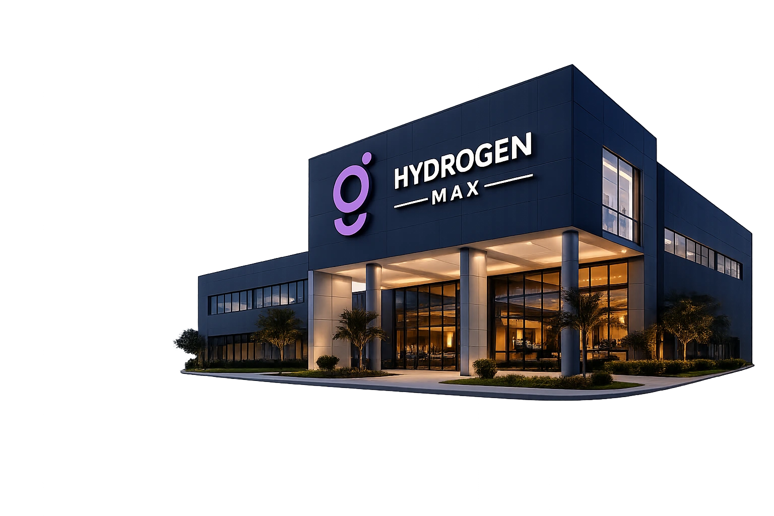 Sede Hydrogen Max com fachada iluminada e identidade visual da empresa