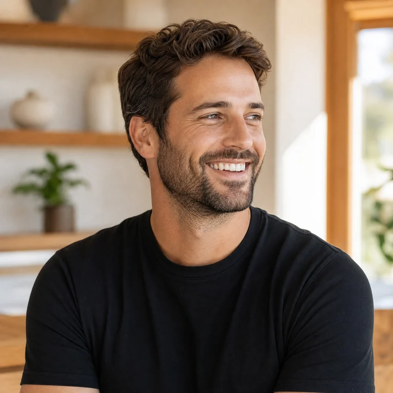 Retrato ilustrativo de um homem sorrindo em um ambiente acolhedor