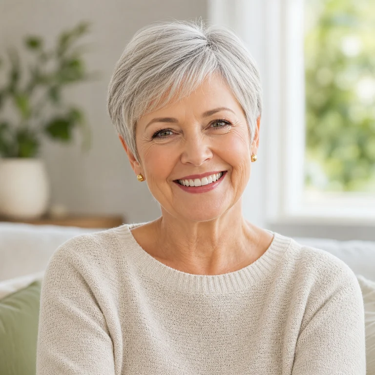 Retrato ilustrativo de uma mulher madura sorrindo em casa